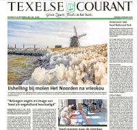 Voorpagina foto, Ijshelling bij molen het Noorden op Texel, mrt 2018 / Frontpage photo, Texelse Courant, mrt 2018